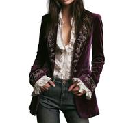 Women Vintage Velvet Embroidered Long Jacket with Exquisite Floral Embroidery Retro Notched Lapel Velvet Blazers Suit Boho Open Front Outerwear Renaissance Costume Purple XL