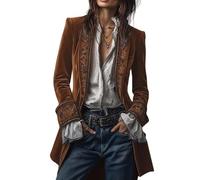 Women Vintage Velvet Embroidered Long Jacket with Exquisite Floral Embroidery Retro Notched Lapel Velvet Blazers Suit Boho Open Front Outerwear Renaissance Costume Burnt Orange L