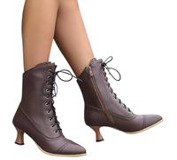 Women Vintage Victorian Boots 70s Lace up Ankle Boots Mid Heel Witch Granny Booties Mid-Calf Costume Shoes Retro Cone Heel Side Zipper Wide Fit Gothic Steampunk Ankle Boots for Women