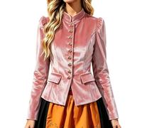 Women Vintage Victorian Velvet Blazer Jacket with Stand Collar & Gold Buttons, Puff Sleeve Fitted Peplum Smart Coat with Flap Pockets, Elegant Going Out Top for Wedding, Evening & Autumn Parties