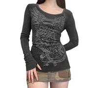 Women Vintage Y2K Long Sleeve Shirt Fairy Grunge Graphic Tees Tops 90s E-Girl Aesthetic Harajuku T-Shirt Streetwear (C-Black, S)