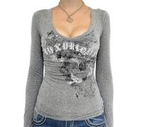 Women Vintage Y2K Long Sleeve Shirt Skull Fairy Grunge Gothic Graphic Printed Tee Tops Aesthetic Harajuku Top