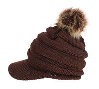 Women Visor Beanie Hat Wool Knitted Beret Hat Slouch Beanie Hat with Detachable Faux Fur Pom Pom Warm Winter Skullies Beanies Hat Crochet Knit Hat Ski Snowboarding Hat with Elastic Black Headband
