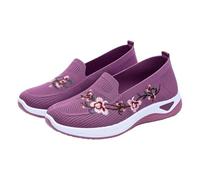 Women Walking Trainers Mesh Embroidery Floral Orthopedic Wide Closure Sport Shoes Walking Non Slip Soft Breathable Sneakers Womens Summer Lightweight Casual Footwear (Purple, 7)