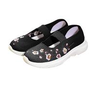 Women Walking Trainers Mesh Floral Embroidery Breathable Arch Support Shoes Womens Running Non Slip Lightweight Sneakers Summer Soft Casual Comfortable Cushion Footwear (Black, 4.5)