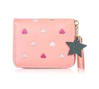 Women Wallet with Zipper, Pink Girls Wallet, Cute Wallets with Heart-Embroidery and Star Tassels Pendant, Small Leather Wallets for Coins, ID Card, Credit Cards and Bank Cards