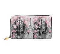 Women Wallets Paris Street Tower Pink Floral Print Pu Leather Zipper Long Purse Large Capacity Cellphone Credit Card Money Holder Clutch Wallet