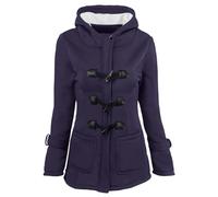 Women Warm Jacket Coat Long Sleeve Hooded Womens Duffle Coat With Flannel Fleece Women Casual Coat Cow Horn Button Hooded Jacket Cotton Outerwear Plus Size Solid Color Vintage Overcoat Ladies Fashion