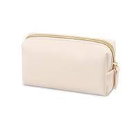 Women Waterproof Cosmetic Bag PU Leather Solid Color Makeup Pouch Travel Portable Wash Toiletry Storage Bag Organizer Purse(Beige,L)