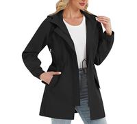 Women Waterproof Jacket Sports, Long Sleeve Windproof Raincoat Leisure Midweight Rain Jackets Zip Up Windbreaker Coat Outdoor Drawsting Raincoats with Removable Hood & Button Pockets Outwear Hiking