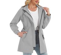 Women Waterproof Jacket Sports, Long Sleeve Windproof Raincoat Leisure Midweight Rain Jackets Zip Up Windbreaker Coat Outdoor Drawsting Raincoats with Removable Hood & Button Pockets Outwear Hiking
