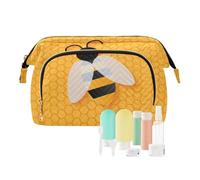 Women Wave Quilt Cosmetic Bag, Storage Pouch Handbag Makeup Case Zipper Toiletry Purse Holder Organizer 10.2x5.9x6.7 in Isolated on Honeycomb Yellow Hexagon Pattern
