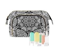 Women Wave Quilt Cosmetic Bag, Storage Pouch Handbag Makeup Case Zipper Toiletry Purse Holder Organizer 10.2x5.9x6.7 in Ethnic Tribal Paisley Tattoo Mandala Flower Monochrome