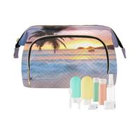 Women Wave Quilt Cosmetic Bag, Storage Pouch Handbag Makeup Case Zipper Toiletry Purse Holder Organizer 10.2x5.9x6.7 in Tropical Ocean Sea Beach Palm Tree Silhouette at Sunset