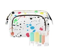 Women Wave Quilt Cosmetic Bag, Storage Pouch Handbag Makeup Case Zipper Toiletry Purse Holder Organizer 10.2x5.9x6.7 in Seamless Colorful Ink Spray Brushes Dots Spots Stains on White