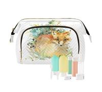 Women Wave Quilt Cosmetic Bag, Storage Pouch Handbag Makeup Case Zipper Toiletry Purse Holder Organizer 10.2x5.9x6.7 in Watercolor Forest Orange Fox on White