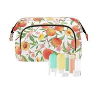 Women Wave Quilt Cosmetic Bag, Storage Pouch Handbag Makeup Case Zipper Toiletry Purse Holder Organizer 10.2x5.9x6.7 in Orange Peaches with Peach Slices, Green Leaves, Pink Flowers