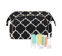 Women Wave Quilt Cosmetic Bag, Storage Pouch Handbag Makeup Case Zipper Toiletry Purse Holder Organizer 10.2x5.9x6.7 in Black Moroccan Tiles with White Lines Traditional Elements