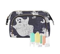Women Wave Quilt Cosmetic Bag, Storage Pouch Handbag Makeup Case Zipper Toiletry Purse Holder Organizer 10.2x5.9x6.7 in Halloween Day White Ghosts Grunge Style Seamless on Dark Blue
