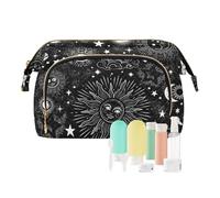 Women Wave Quilt Cosmetic Bag, Storage Pouch Handbag Makeup Case Zipper Toiletry Purse Holder Organizer 10.2x5.9x6.7 in Black Space Galaxy Zodiac Stars Sun Moon Cloud Planets
