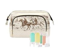 Women Wave Quilt Cosmetic Bag, Storage Pouch Handbag Makeup Case Zipper Toiletry Purse Holder Organizer 10.2x5.9x6.7 in Hand Drawn Brown Retro American Wild West Desert Horse with Cowboy