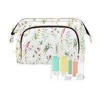 Women Wave Quilt Cosmetic Bag, Storage Pouch Handbag Makeup Case Zipper Toiletry Purse Holder Organizer 10.2x5.9x6.7 in Seamless Pink Green Yellow Watercolor Spring Wild Flowers