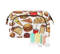 Women Wave Quilt Cosmetic Bag, Storage Pouch Handbag Makeup Case Zipper Toiletry Purse Holder Organizer 10.2x5.9x6.7 in Burger, Hot Dog Pizza Slices Hamburger Sandwich Soda Donut
