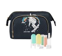 Women Wave Quilt Cosmetic Bag, Storage Pouch Handbag Makeup Case Zipper Toiletry Purse Holder Organizer 10.2x5.9x6.7 in Astronaut Skateboarding Rainbow in Black Galaxy Space with Stars