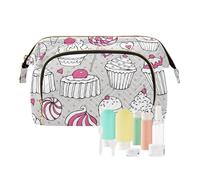 Women Wave Quilt Cosmetic Bag, Zipper Toiletry Storage 10.2x5.9x6.7 in, Pouch Handbag Makeup Case Purse Holder Organizer Print Seamless Sweets Cake Ice Cream Pink White Grey