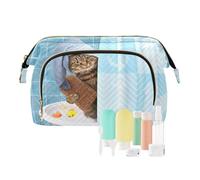 Women Wave Quilt Cosmetic Bag, Zipper Toiletry Storage 10.2x5.9x6.7 in, Pouch Handbag Makeup Case Purse Holder Organizer Print Cat Taking a Bath In Bathtub Behind Shower Curtain