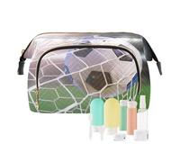 Women Wave Quilt Cosmetic Bag, Zipper Toiletry Storage 10.2x5.9x6.7 in, Pouch Handbag Makeup Case Purse Holder Organizer Print Flying Soccer Ball Net