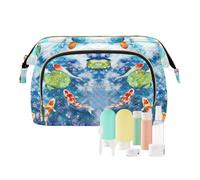 Women Wave Quilt Cosmetic Bag, Zipper Toiletry Storage 10.2x5.9x6.7 in, Pouch Handbag Makeup Case Purse Holder Organizer Print Watercolor Japanese Fishes Green Leaves Blue Pond