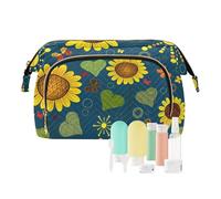 Women Wave Quilt Cosmetic Bag, Zipper Toiletry Storage 10.2x5.9x6.7 in, Pouch Handbag Makeup Case Purse Holder Organizer Print Yellow Sunflowers Green Leaves Sun Butterflies