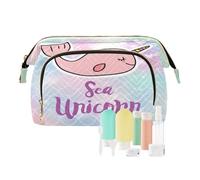 Women Wave Quilt Cosmetic Bag, Zipper Toiletry Storage 10.2x5.9x6.7 in, Pouch Handbag Makeup Case Purse Holder Organizer Print Magic Pink Sea Unicorn On Mermaid Fish Scales