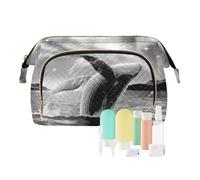 Women Wave Quilt Cosmetic Bag, Zipper Toiletry Storage 10.2x5.9x6.7 in, Pouch Handbag Makeup Case Purse Holder Organizer Print Killer Whale Jump Out Of Water Black White Galaxy