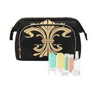 Women Wave Quilt Cosmetic Bag, Zipper Toiletry Storage 10.2x5.9x6.7 in, Pouch Handbag Makeup Case Purse Holder Organizer Print Golden Victorian Fleur De Lis Seamless On Black