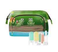 Women Wave Quilt Cosmetic Bag, Zipper Toiletry Storage 10.2x5.9x6.7 in, Pouch Handbag Makeup Case Purse Holder Organizer Print Three Green Frogs on the Log Yellow Flowers Green