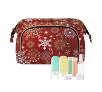 Women Wave Quilt Cosmetic Bag, Zipper Toiletry Storage 10.2x5.9x6.7 in, Pouch Handbag Makeup Case Purse Holder Organizer Print Christmas Gold and White Snowflakes Hearts On Red