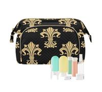Women Wave Quilt Cosmetic Bag, Zipper Toiletry Storage 10.2x5.9x6.7 in, Pouch Handbag Makeup Case Purse Holder Organizer Golden Victorian Fleur De Lis Seamless On Black