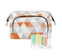 Women Wave Quilt Cosmetic Bag, Zipper Toiletry Storage 10.2x5.9x6.7 in, Pouch Handbag Makeup Case Purse Holder Organizer Print Grey White Orange Tile Triangle Geometric Mosaic