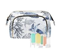 Women Wave Quilt Cosmetic Bag, Zipper Toiletry Storage 10.2x5.9x6.7 in, Pouch Handbag Makeup Case Purse Holder Organizer Print Blue Sea Turtle Corals Undersea Life Watercolor