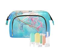 Women Wave Quilt Cosmetic Bag, Zipper Toiletry Storage 10.2x5.9x6.7 in, Pouch Handbag Makeup Case Purse Holder Organizer Print Mermaid Swinging on a Rope On Turquoise