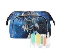 Women Wave Quilt Cosmetic Bag, Zipper Toiletry Storage 10.2x5.9x6.7 in, Pouch Handbag Makeup Case Purse Holder Organizer Print Watercolor Dream Catcher with Eagle In Blue Pattern