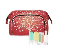 Women Wave Quilt Cosmetic Bag, Zipper Toiletry Storage 10.2x5.9x6.7 in, Pouch Handbag Makeup Case Purse Holder Organizer White Tree Of Life With Love Hearts On Red