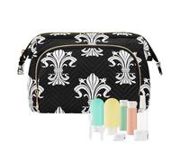 Women Wave Quilt Cosmetic Bag, Zipper Toiletry Storage 10.2x5.9x6.7 in, Pouch Handbag Makeup Case Purse Holder Organizer Print Silver White Victorian Fleur De Lis Seamless Pattern