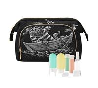 Women Wave Quilt Cosmetic Bag, Zipper Toiletry Storage 10.2x5.9x6.7 in, Pouch Handbag Makeup Case Purse Holder Organizer Print Sea Voyage Skeleton Sailor Sailing on a Boat Crow