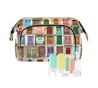 Women Wave Quilt Cosmetic Bag, Zipper Toiletry Storage 10.2x5.9x6.7 in, Pouch Handbag Makeup Case Purse Holder Organizer Print Ancient Wooden Door From all Around The World