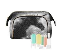 Women Wave Quilt Cosmetic Bag, Zipper Toiletry Storage 10.2x5.9x6.7 in, Pouch Handbag Makeup Case Purse Holder Organizer Print A unicorn Silhouette in a Galaxy Nebula Cloud