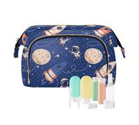 Women Wave Quilt Cosmetic Bag, Zipper Toiletry Storage 10.2x5.9x6.7 in, Pouch Handbag Makeup Case Purse Holder Organizer Print Astronauts Planets Nebuleo Spaceships Stars On Blue