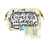 Women Wave Quilt Cosmetic Bag, Zipper Toiletry Storage 10.2x5.9x6.7 in, Pouch Handbag Makeup Case Purse Holder Organizer Print Yellow Lemon Slices If Life Gives You Lemons Make